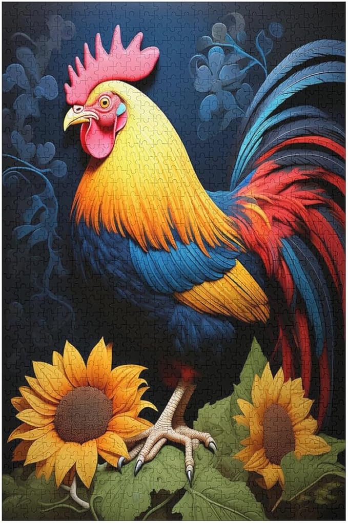 Rooster Sunflower Wooden Puzzle 1000 Pieces Jigsaw Puzzles for Adults Puzzle Educational Toys Challenging Fun Games Gifts for Elders Kids Family and Friends
