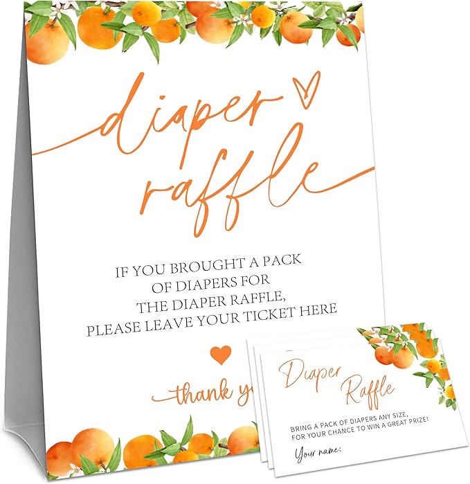 Baby Shower Diaper Raffle Game Set - Watercolor Orange 1 Standing Sign & 50 Diaper Raffel Tickets - Baby Announcement, Gender Reveal Party Activities & Decorations for Boys, Girls - A01
