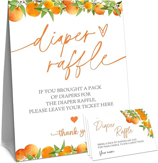 Baby Shower Diaper Raffle Game Set - Watercolor Orange 1 Standing Sign & 50 Diaper Raffel Tickets - Baby Announcement, Gender Reveal Party Activities & Decorations for Boys, Girls - A01