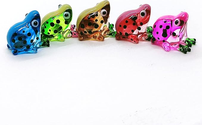WitnyStore Tiny ¾ Inch Multicolor Black Dotted Frog Figurine 5 Colors Set - Miniature Hand Blown Glass Poison Frogs Amphibian Animals Colorful Small Crystal Decorative Collectible Figures Décor Gifts