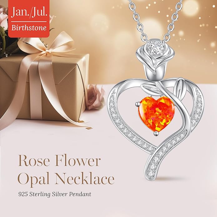 LOUISA SECRET Rose Flower Heart Birthstone Necklaces for Women, 925 Sterling Silver Fine Jewelry, Pendant Heart Necklaces Birthday Anniversary Christmas Gift for Women Wife Mom Girlfriend Lady
