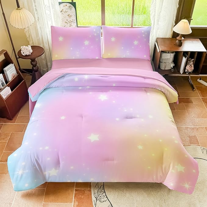 Rainbow Bedding Set Full Size – 5 Piece Reversible Girls Comforter with Deep-Pocket Sheet, Gradient Galaxy Design, Whole-Piece Filling, Machine Washable Bed-in-a-Bag for Kids Room Makeover & Gifts