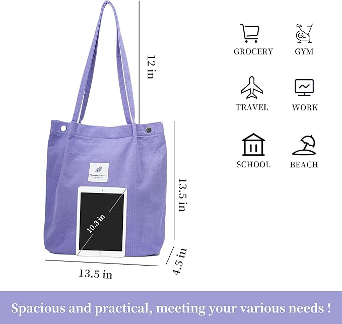 Corduroy Tote Bag Cute Tote Bags for Women Shoulder Bag with Inner Pocket for Work Beach Travel and Shopping Grocery