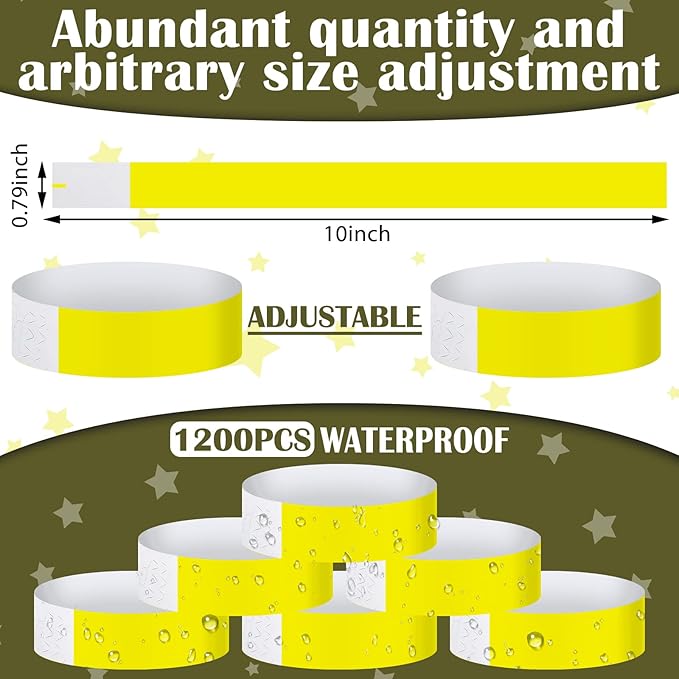 Tudomro 1200 Pack Plastic Paper Wristbands for Events Neon Party Wrist Bands Colored Waterproof Concert Identification Hand Bands Lightweight Adhesive Wristband(Yellow)