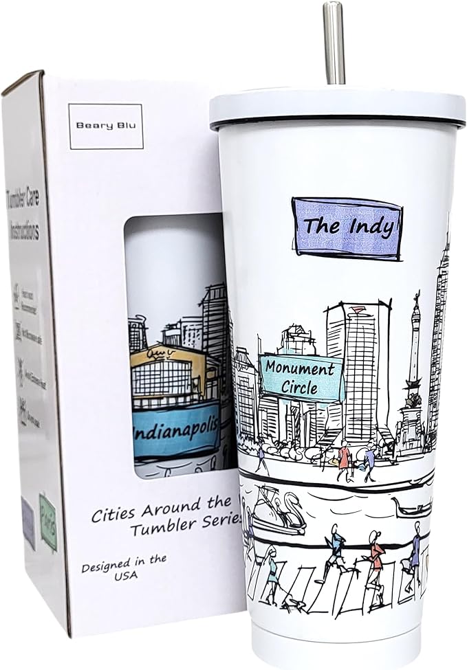 Cities Around the World 25 Oz Tumbler Series - Designed in the USA - Vacuum Insulated Tumbler with Lids & Straw - Stainless Steel Coffee Water Travel Mug, for Hot Cold Drink (Indianapolis)