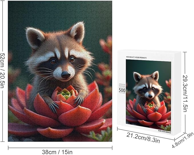 Puzzles for Adults 500 Pieces Wooden Jigsaw Puzzle - Succulent & Cute Raccoon Theme Puzzle，Party Games，Family Toys，Educational Puzzles，Stress Relief Wooden Puzzle，Gifts for Family and Friends