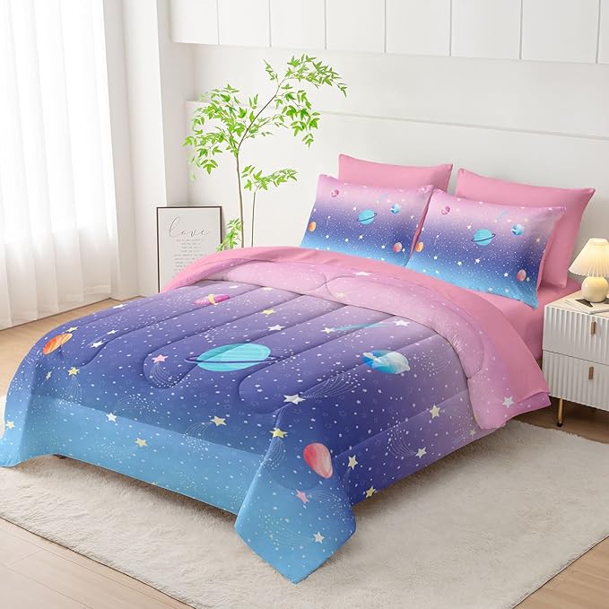7Pcs Comforter Set Space Planet Multi Color Gradient Printed Bedding Set with 1 Comforter,1 Flat Sheet,1 Fitted Sheet and 4 Pillowcases for Boys and Girls Bedroom All Season(Full)