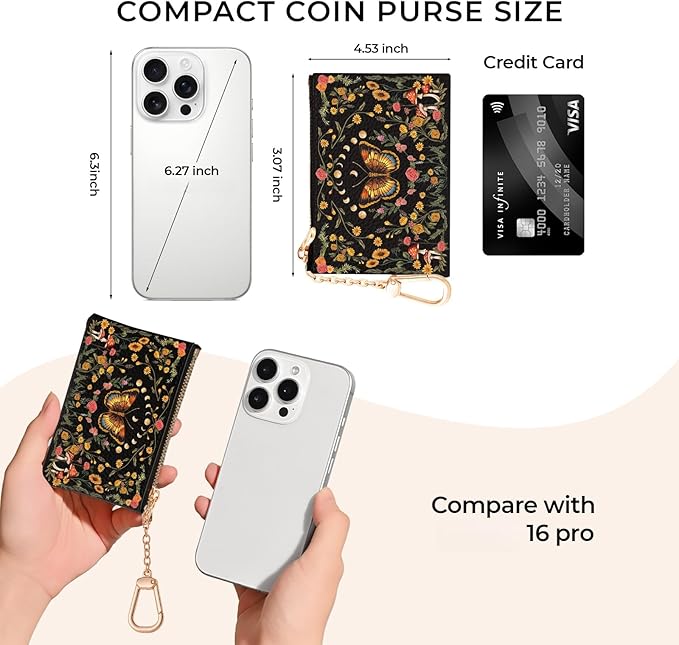 Butterfly Moon Keychain Coin Purse for Women, Mushroom Floral Vintage Small PU Leather Change Pouch, Zipper Little Tiny Travel Wallet for Girls, Cute Zip Pocket Coin Holder with Key Ring