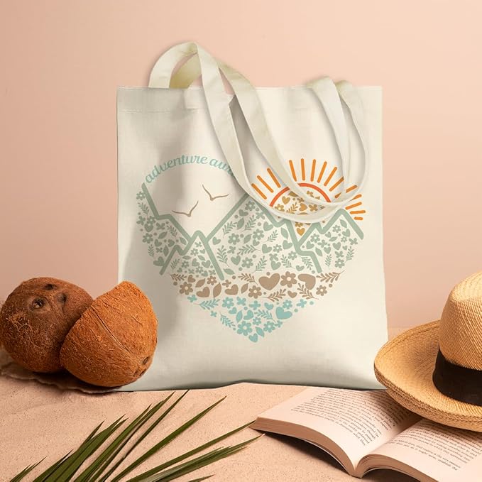 jeilink Cute Mountain Adventure Sunshine Canvas Tote Bag Camping Gifts Weekender Grocery Bags for Women Girls