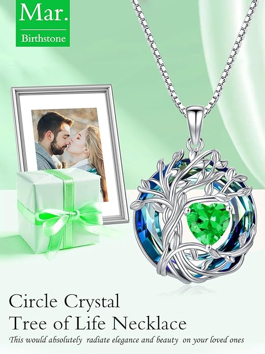 TOUPOP Tree of Life Birthstone Necklace 925 Sterling Silver Pendant Austrian Crystal Jewelry Anniversary Valentine's Day Birthday Gifts for Women Mom Her Wife