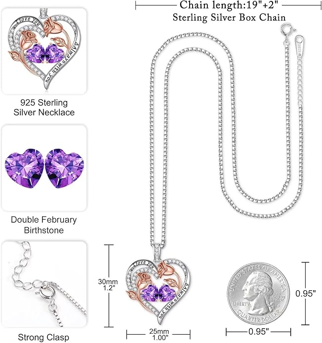 Iefil Valentines Day Gifts for Her - 925 Sterling Silver Rose Heart Birthstone Necklace Birthday Anniversary Jewelry Gifts for Her Wife Mom Daughter