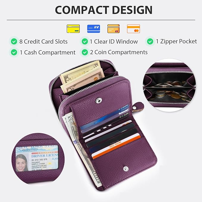 Genuine Small Wallet for Women, Slim RFID Blocking Credit Card Holder with ID Window, Compact Purses for Women with 12 Card Slots