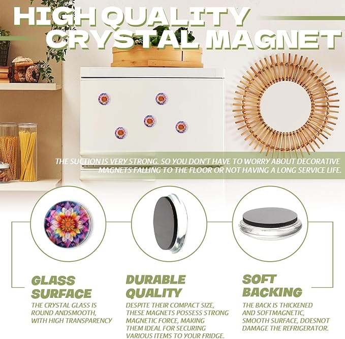 Fridge Magnets 6 Pcs Spiritual Print of Mandala Flower Round Strong Magnetic Glass Small Refrigerator Magnet,Home Decoration for Office Whiteboards,Classrooms,Cabinet and Dishwasher