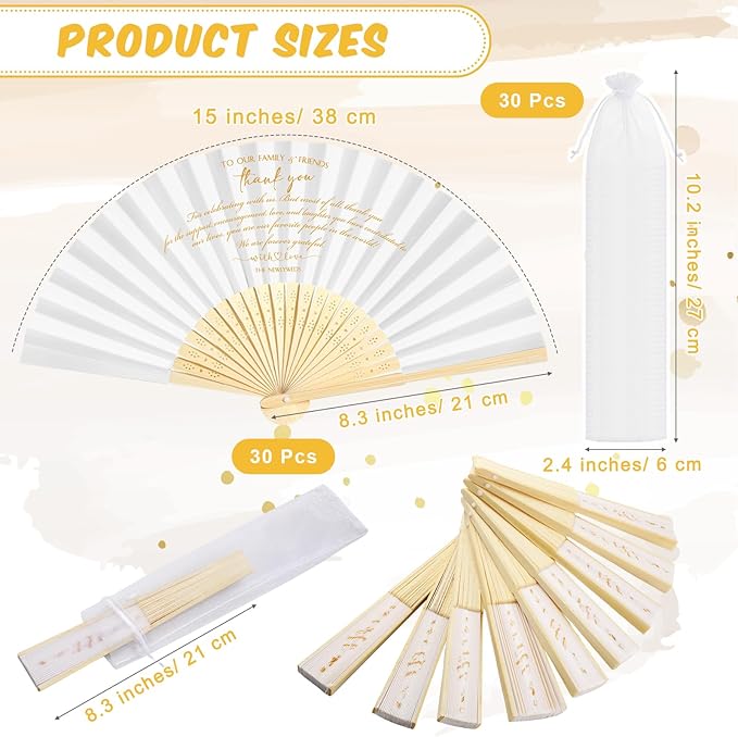 Menkxi 30 Pcs Silk Fabric Folding Fans Bulk for Wedding Guests Thank You Bamboo Folded Hand Fan for Bridal Shower Decoration Favor Vintage Handheld Fans Souvenirs with Organza Bag (White,Classic)