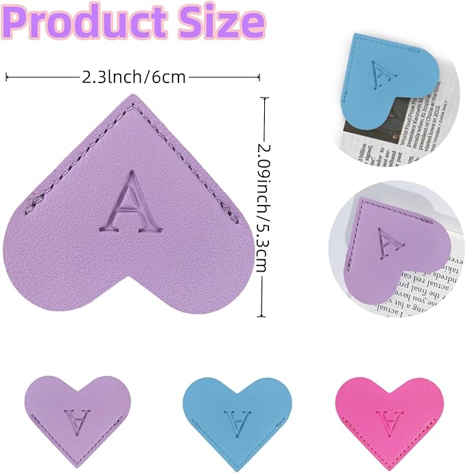 MOTEERLLU Personalized Leather Heart Bookmark with Initials, Handmade, Letter Cute Custom Corner Book Marks for Reading Women, Teachers, Students, Book Lovers, Book Accessories(Purple,C)