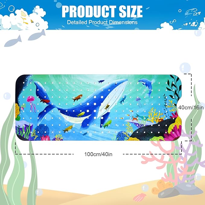 Vanleonet Baby Bath Mat for Tub for Kids, 40''x16'' Extra Long Bathtub Mat Non Slip, Toddler Bath Mat Non-Slip for Tub with Suction Cups & Drain Holes, Machine Washable,Whale