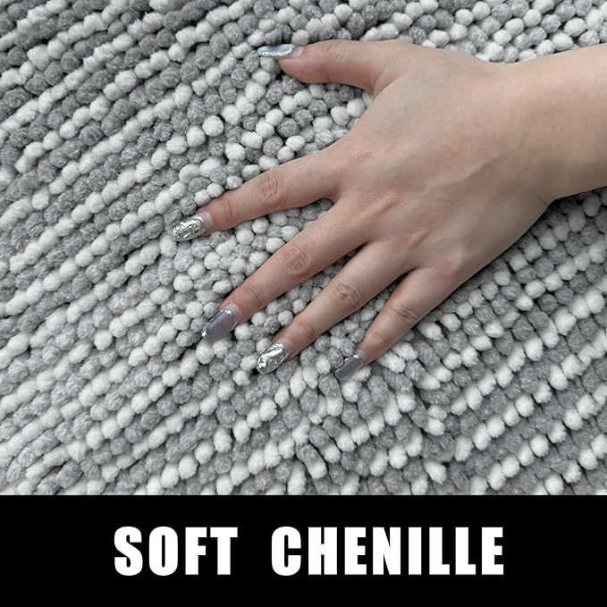 HDFK Bath Mat & Bathroom Rug - Slim Chenille Shower Carpet, Ultra Soft Non-Slip with Odorless Hot Melt Base, Machine Washable Medium-Height Striped Design for Bathtub Floor (36x24 Inch, Gray & White)