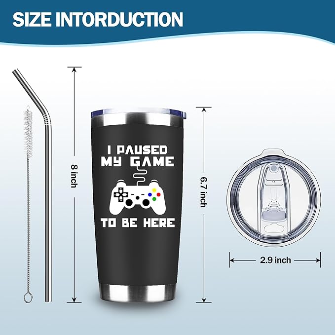 ATHAND I Paused My Game to Be Here Gaming Mug,20 Oz Funny Stainless Steel Insulated Iced Coffee Tumbler with Lid and Straw,Gamer Gifts for Men,Boys,Dad,Husband Uncle Brother Kids Teens Boyfriends