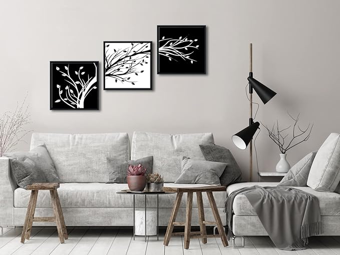Wieco Art Framed Leaves Modern 3 Panels Flowers Artwork Canvas Prints Black and White Abstract Floral Trees Pictures Paintings on Canvas Wall Art for Living Room Home Decorations