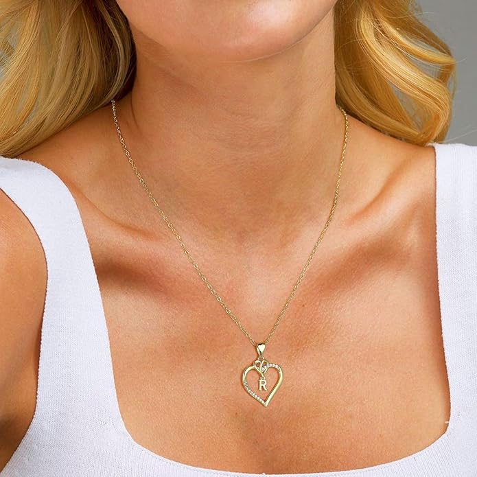 STORUP Valentines Gifts for Women Teen Girls - Heart Initial Necklaces for Women Girls, 14K-Gold-Plated CZ Initial A-Z Heart Necklaces for Teen Girl Jewelry Valentines Gifts for Her Mom Wife Sister