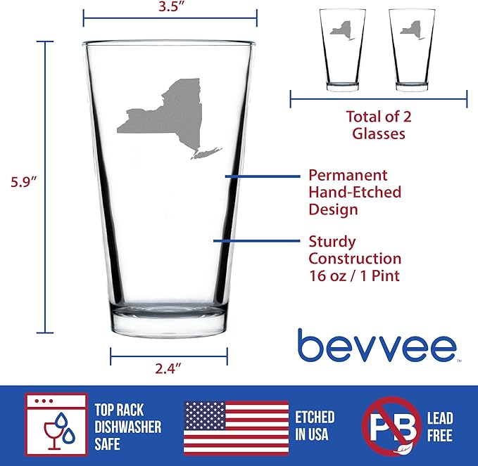 Bevvee New York State Outline Pint Glass for Beer - State Themed Drinking Decor and Gifts for New Yorker Women & Men - Set of 2-16 Oz Glasses