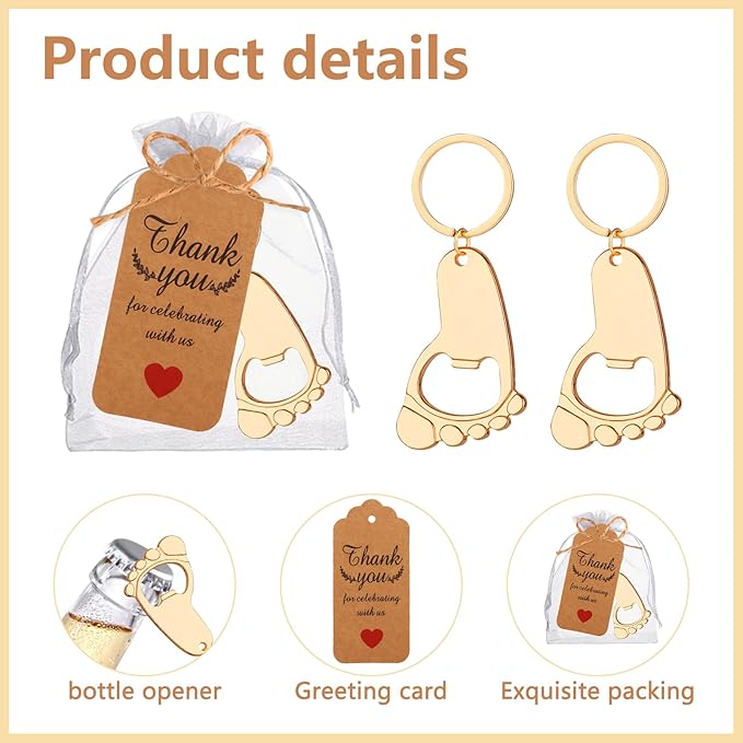 50 Pcs Footprint Keychain Bottle Opener Baby Shower Return Favors For Guests Baby Foot Bottle Opener Gift Baby Shower Party Favors Or Souvenir Guest With Organza Bags And Thank Tags