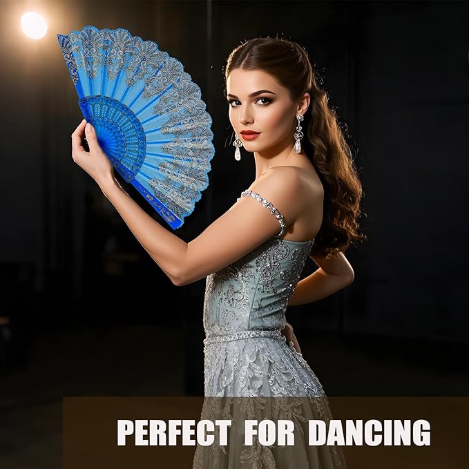 QIRMIZI 10 Pack Folding Handheld Fans,Silk Spanish Fan, Perfect for Weddings, Parties, and Dancing,Light Blue