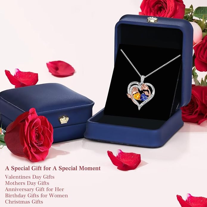 Iefil Valentines Day Gifts for Her - 925 Sterling Silver Rose Heart Birthstone Necklace Birthday Anniversary Jewelry Gifts for Her Wife Mom Daughter