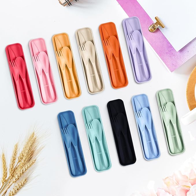 Yahenda 77 Sets Reusable Travel Utensils Set with Case Wheat Straw Cutlery Portable Spoon Knife Forks Plastic Tableware Lunch Box Accessories Bulk for Adult Travel Picnic Camping Utensil(Bright Color)