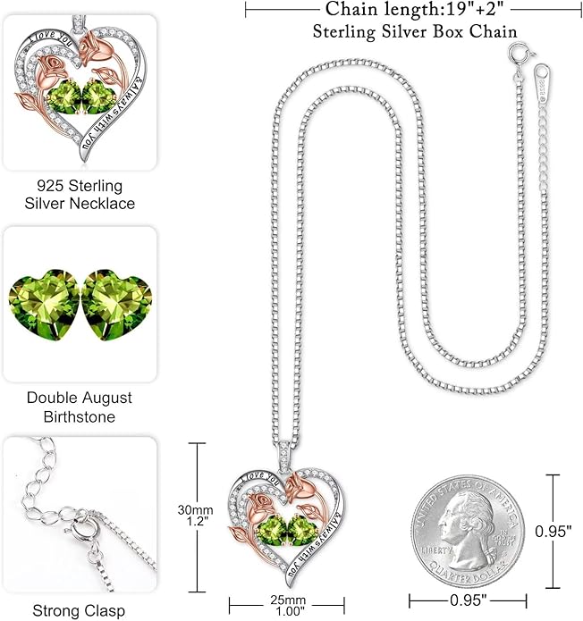 Iefil Valentines Day Gifts for Her - 925 Sterling Silver Rose Heart Birthstone Necklace Birthday Anniversary Jewelry Gifts for Her Wife Mom Daughter