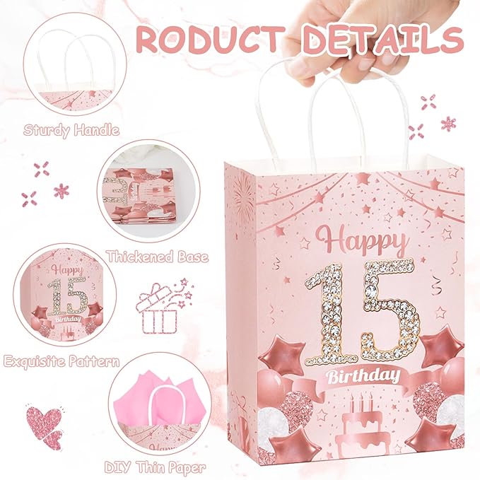 50Pcs 15th Birthday Party Favors Gift Bags Bulk, Black and Gold Happy 15th Gift Candy Wrap Bags with Tissue Paper, Vintage 15th Birthday Decorations Souvenir Bag for Men Women Anniversary Supplies (15th)