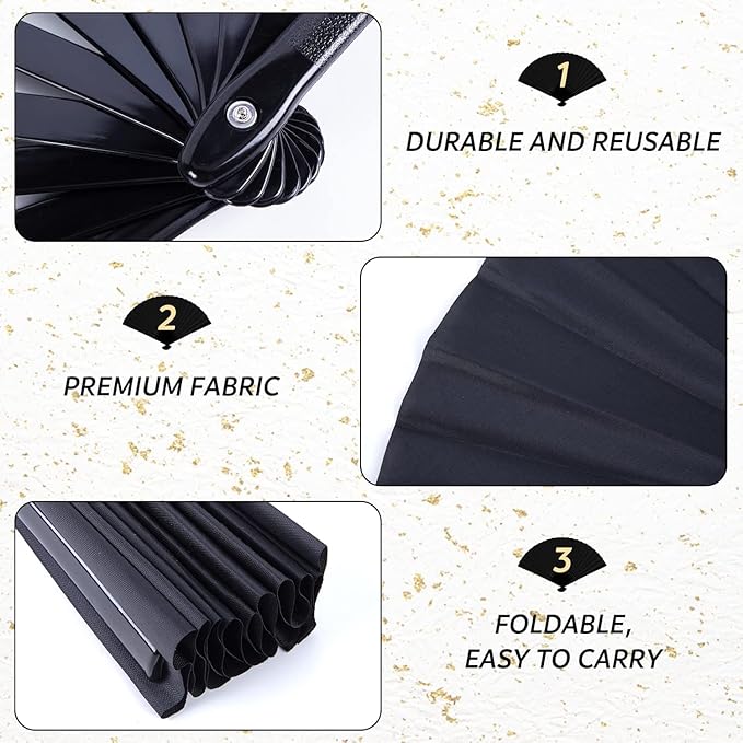 JOHOUSE 3 Packs Hand Fan Foldable, 13 Inch Black Rave Fan for Line Dancing Fabric Foldable for Clack Chinese Tai Chi Festival Craft Dance Party Decoration