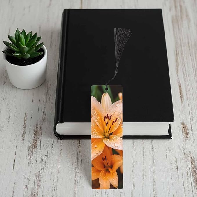 Lily Flowers Bookmarks 5 Pcs Fresh Orange Flower Green Leaves Water Drops Wooden Bookmark with Tassels for Reading Book Lovers Gift Office School Readers Teacher