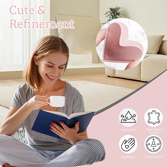 MOTEERLLU Personalized Leather Heart Bookmark with Initial, Cute Letters Custom Corner Book Mark for Reading Women, Teacher, Student, Book Lovers Gifts & Accessories(Pink, H)