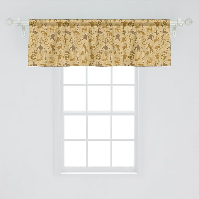 Ambesonne Ethnic Boho Window Valance, Shepherds Cave Animals and Hunters Plentifulness Print Prehistoric, Curtain Valance for Kitchen Bedroom Decor with Rod Pocket, 42" x 18", Pale Coffee and Caramel