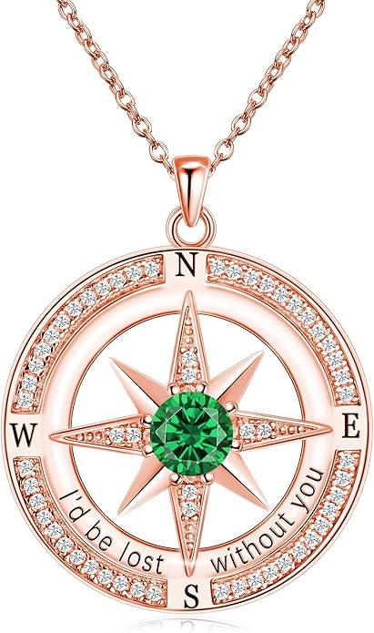 S925 Necklace Birthstone Compass Gift for Women Jewelry Sterling Silver Necklace for Wife Wedding Anniversary Girlfriend Birthday Gifts for Her Valentines Day Mom Mothers Day