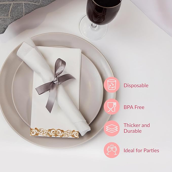Prestee 50 Pack Disposable Hand Towels for Bathroom - Elegant Linen Feel Paper Napkins, 2-Ply - Absorbent Decorative Guest Towels for Bathroom, Wedding, and Party Use - (White and Gold)