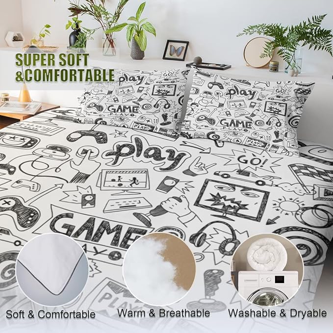 Gaming Comforter Sets for Boys Teen Twin Size,Kids Video Games Bedding Set Sketch Style Athletic Racing Game Design Bedroom Home Decor