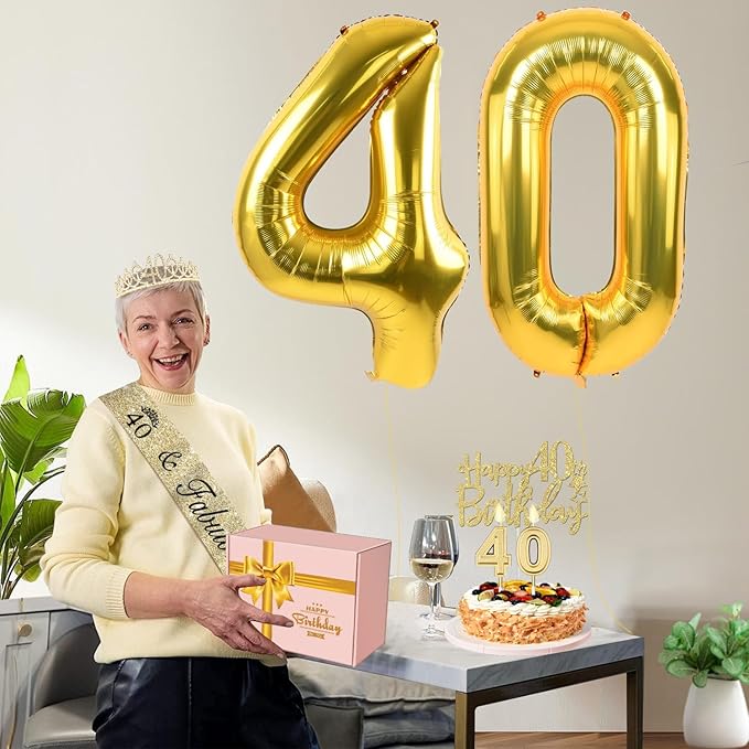 40th Birthday Decorations Women Gold with Sash and Tiara, Cake Topper and Candles, Number Balloons, 40th Birthday Gifts for Women