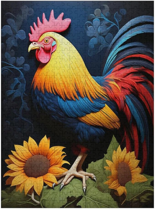 Rooster Sunflower Wooden Puzzle 500 Pieces Jigsaw Puzzles for Adults Puzzle Educational Toys Challenging Fun Games Gifts for Elders Kids Family and Friends