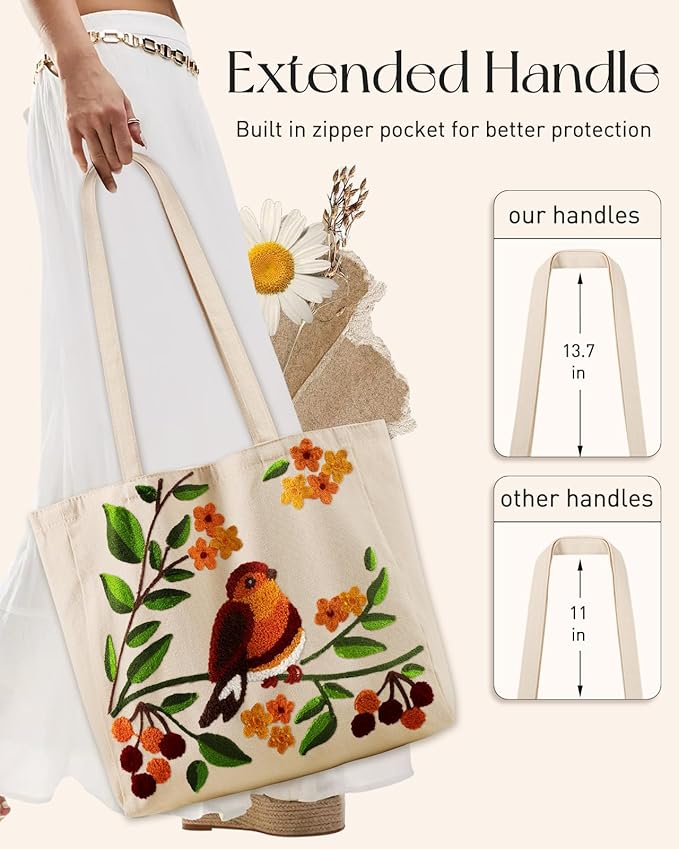 Miss Adola Aesthetic Embroidery Tote Bag for Women - Reusable Canvas Cute Shoulder Bag for Shopping, Grocery, Work, Book