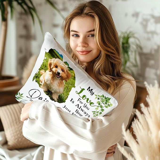 Personalized Memorial Throw Pillow with Photo (Insert Included), Sympathy Gift for Pet Loss, Customized Pillow Pets for Dog and Cat Owners (Green)