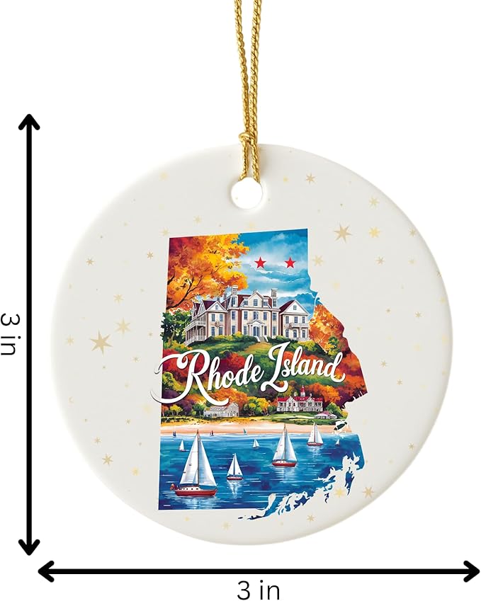 USA State Landmark Ceramic Ornament – Round Glossy Christmas Decoration Featuring U.S. State Art, Landmarks & Holiday Scenery – Collectible Travel Souvenir Ornament Series (Rhode Island)