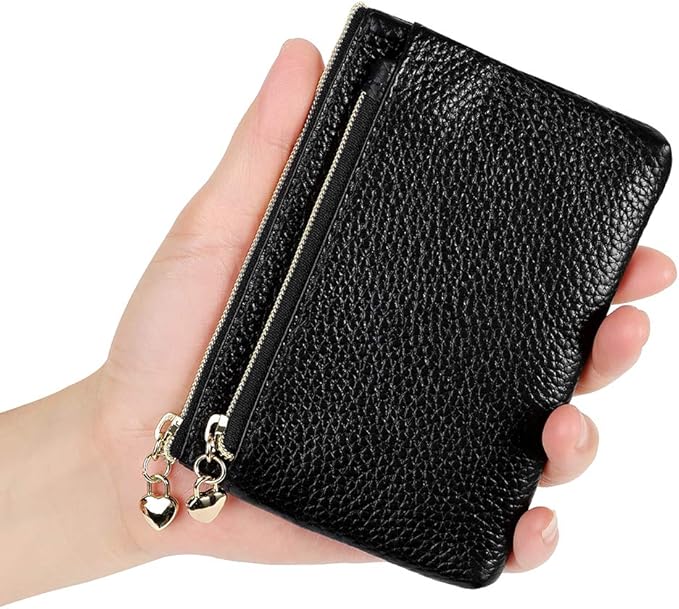 Women's Genuine Leather Coin Purse Zipper Pocket Size Pouch Change Wallet, Black