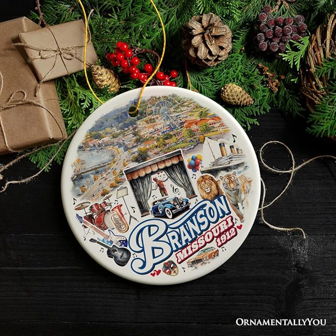 Culturally Vibrant Branson City Ceramic Ornament, Missouri Souvenir and Christmas Tree Decor (Circle)