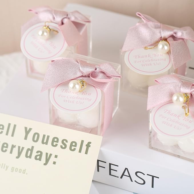 ACITHGL 30 Sets Small Bubble Candle Wedding Candles Favors for Guests Bulk Bridal Shower Favors Candles with Stylish Ribbons Thank You Cards Gifts (Shimmering Pink)