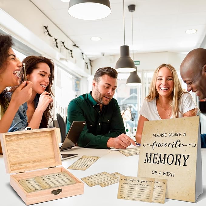 QUPT 40-1986 1986 Birthday Gifts for Women Men, 1986 Wooden Share A Memory Box with Memory Sign and 50 Pcs Memory Cards, 40th Birthday Party Decorations