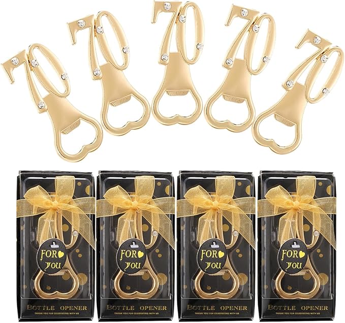 Baseo 24 Pack Gold 70th Bottle Opener Birthday Favors 70th Birthday Party Favors 70th Gold Birthday Party Gifts 70th Birthday Party Souvenirs or Decorations for Guests (Black Gold 70)