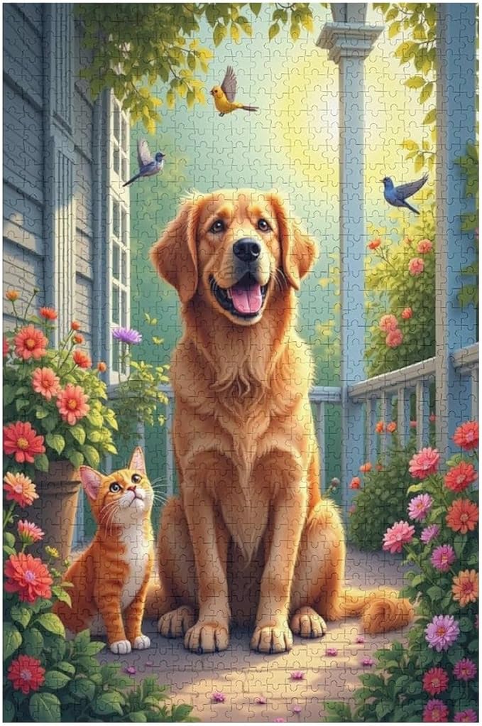 Wooden Puzzle - Garden Golden Retriever Jigsaw Puzzles，Wooden Puzzles for Adults 1000 Pieces Challenge Puzzles，Educational Games，Family Puzzles，Unique Gifts for Wall Art