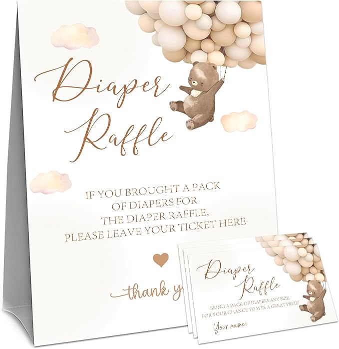 Baby Shower Diaper Raffle Game Set - Watercolor Teddy Bear 1 Standing Sign & 50 Diaper Raffel Tickets - Baby Announcement, Gender Reveal Party Activities & Decorations For Boys, Girls - A06